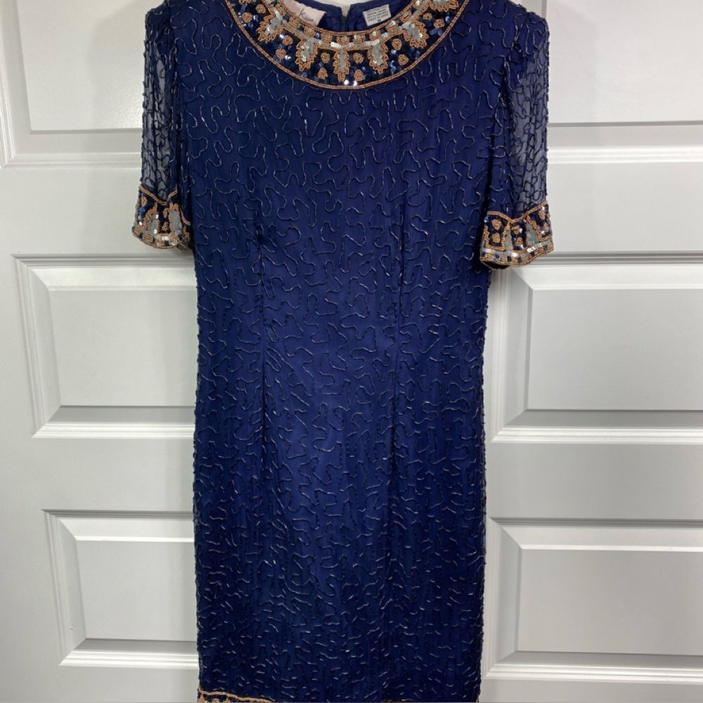Vintage Silk Lawrence Kazar Embellished Beaded Sequined Sheath Dress Blue Gold M